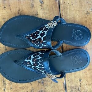 Tory Burch Black and Leopard Print Flip Flops